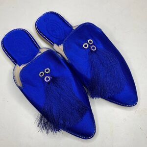 Moroccan Royal Blue Satin Leather Slippers Shoes Babouches Women’s Size 7 NEW
